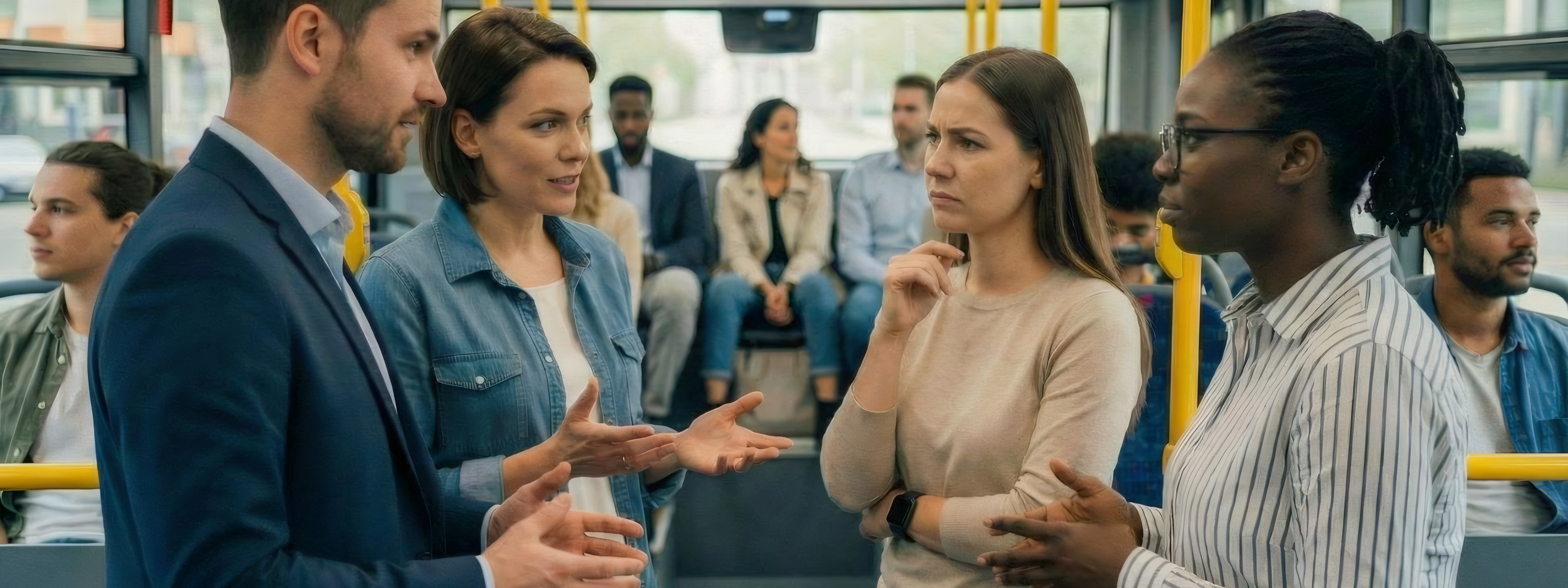 Ein Mann und drei Frauen stehen in einem Bus und diskutieren.