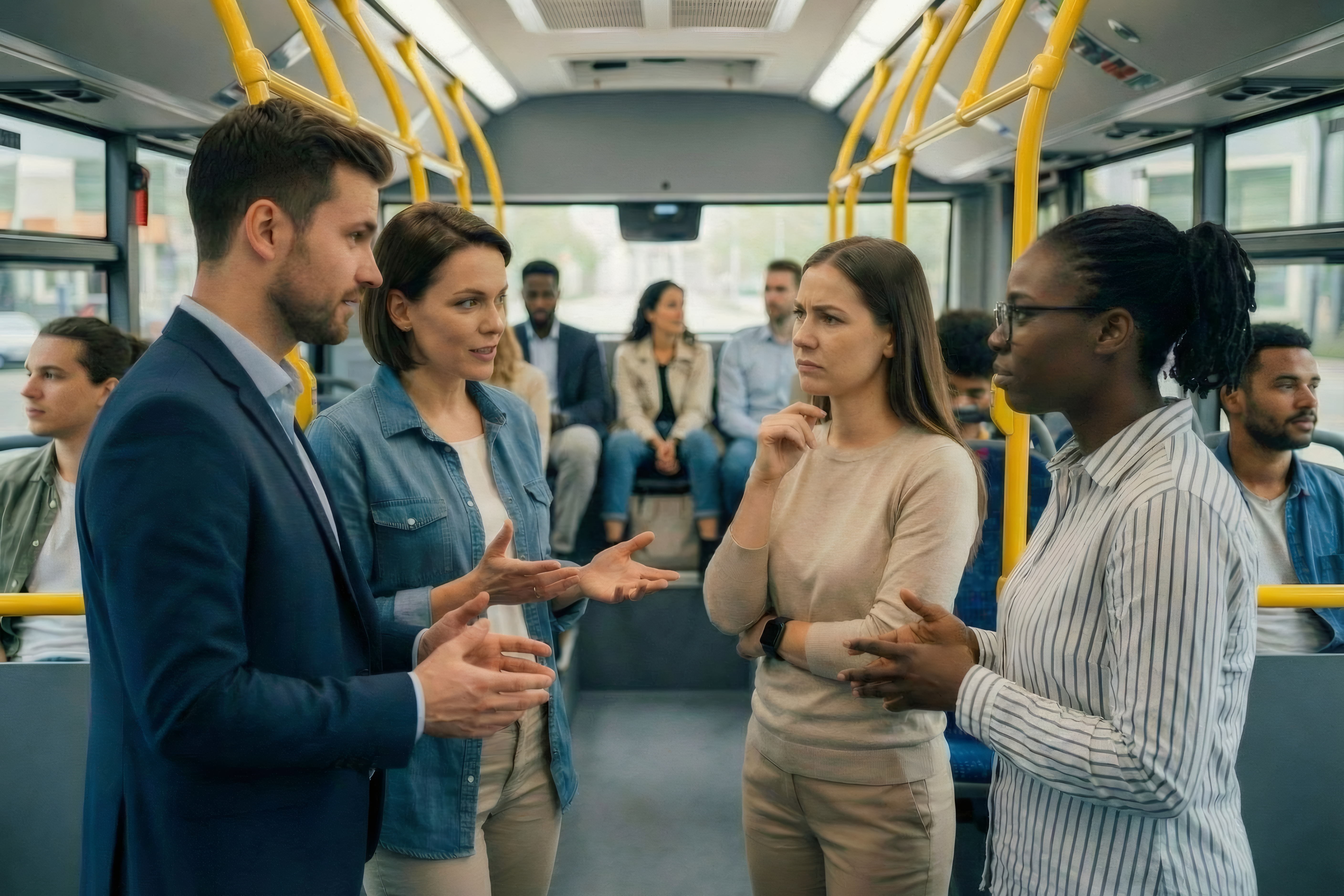 Ein Mann und drei Frauen stehen in einem Bus und diskutieren.