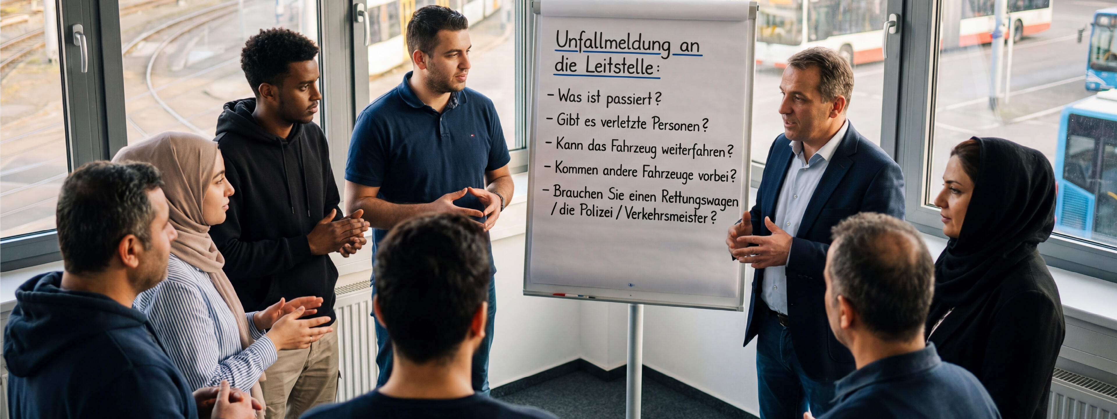Eine Gruppe Lernender steht im Halbkreis und hört der Lehrperson zu, wie sie wichtige Redemittel zum Thema Unfallmeldung an die Leitstelle auf einer Flipchart präsentiert.