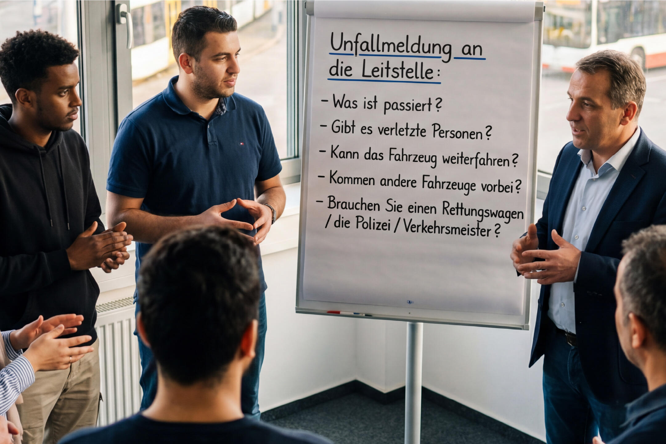 Eine Gruppe Lernender steht im Halbkreis und hört der Lehrperson zu, wie sie wichtige Redemittel zum Thema Unfallmeldung an die Leitstelle auf einer Flipchart präsentiert.