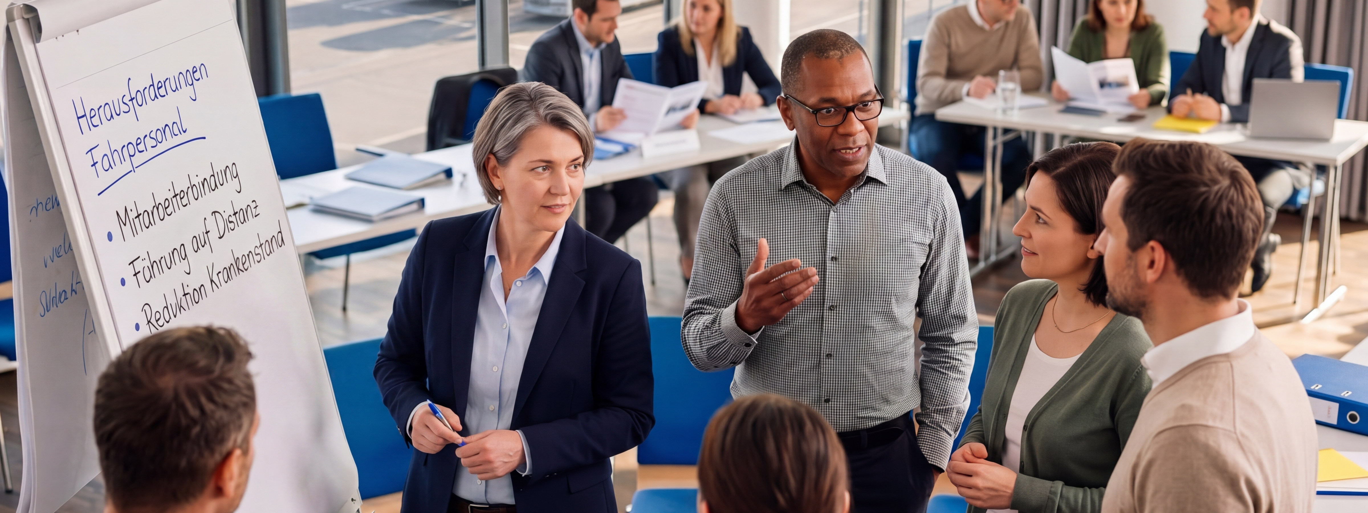 Eine Gruppe Führungskräfte diskutieren während eines Workshops