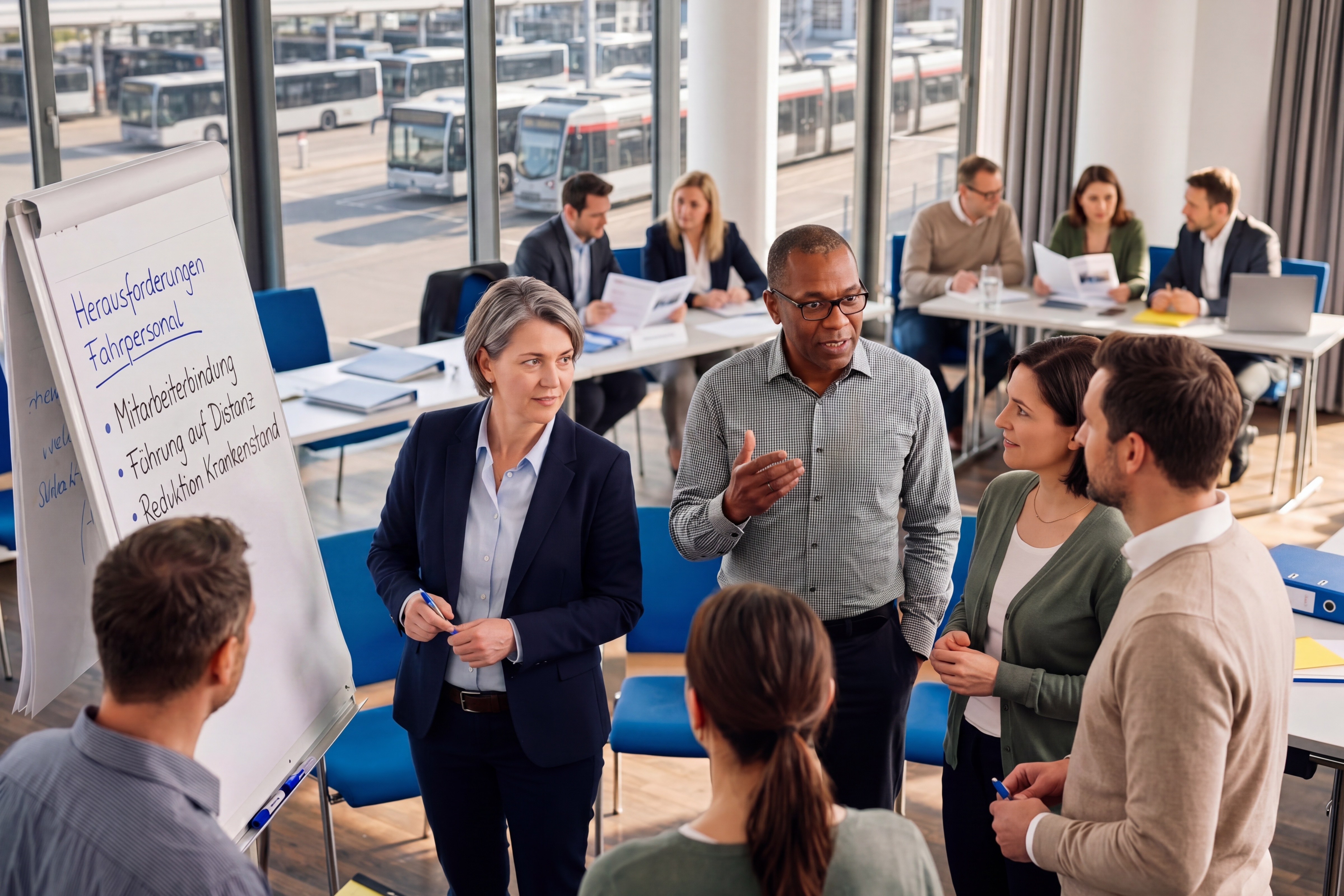 Eine Gruppe Führungskräfte diskutieren während eines Workshops