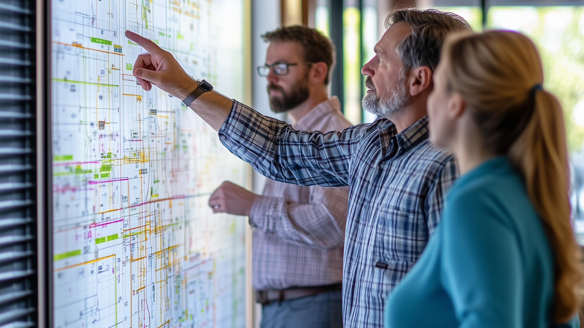 Mitarbeiter einer Leitstelle betrachten einen Bildschirm