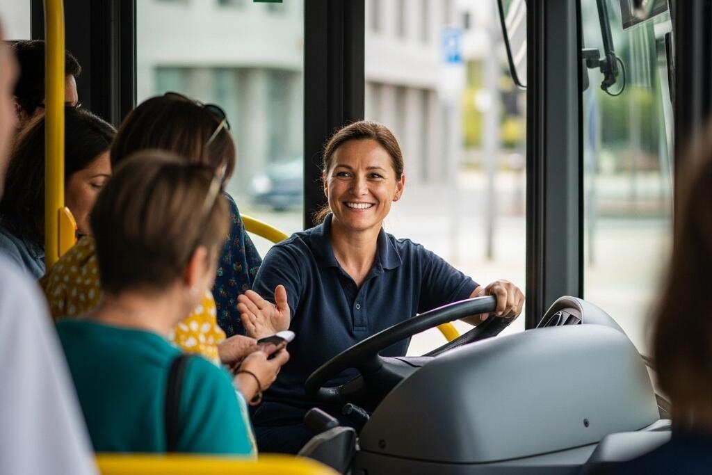 Mitarbeiterin im Fahrdienst begrüßt die Fahrgäste