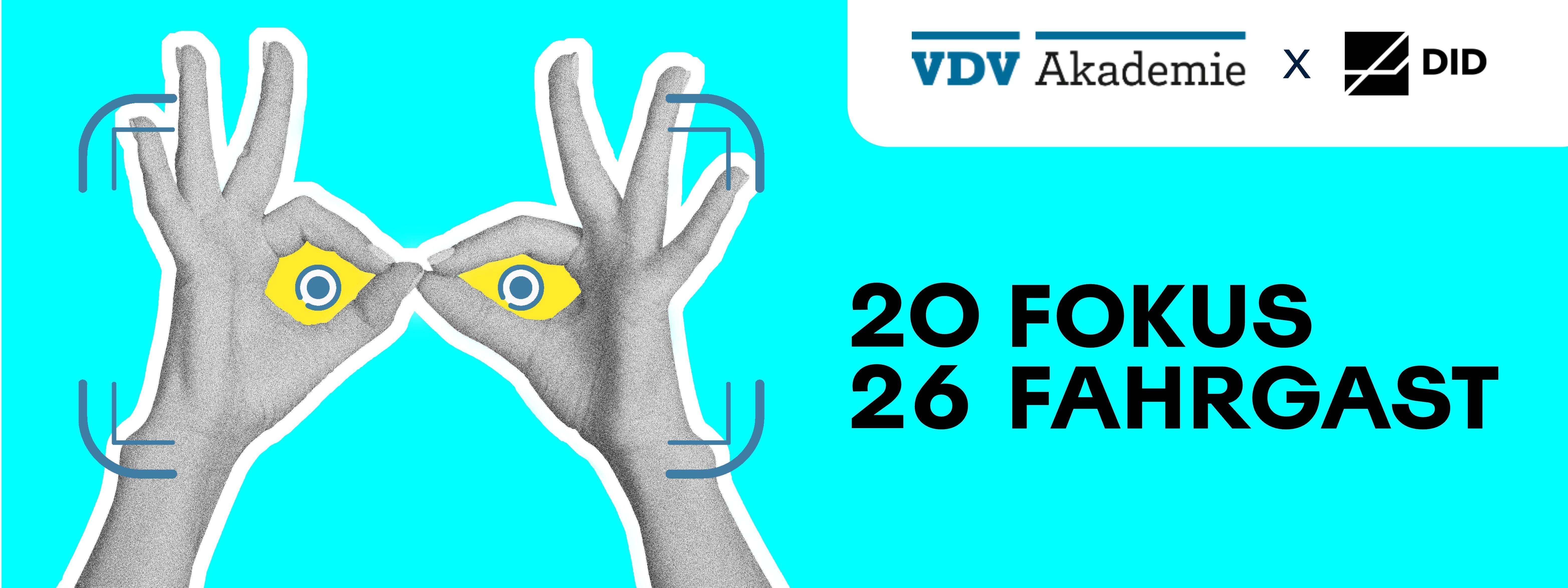 Es ist eine Brille aus zwei Händen zu sehen und daneben eine aufschrift mit 2026 Fokus Fahrgast mit einem blauen Hintergrund