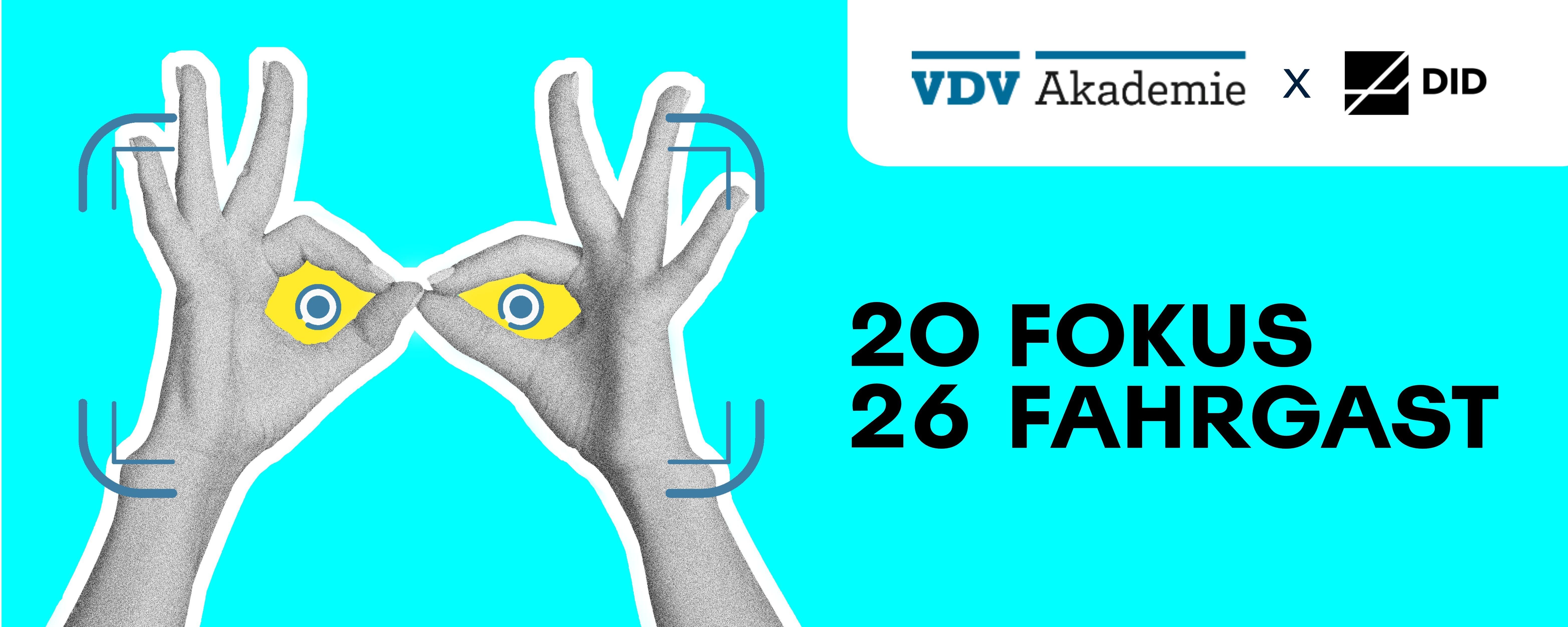 Es ist eine Brille aus zwei Händen zu sehen und daneben eine aufschrift mit 2026 Fokus Fahrgast mit einem blauen Hintergrund