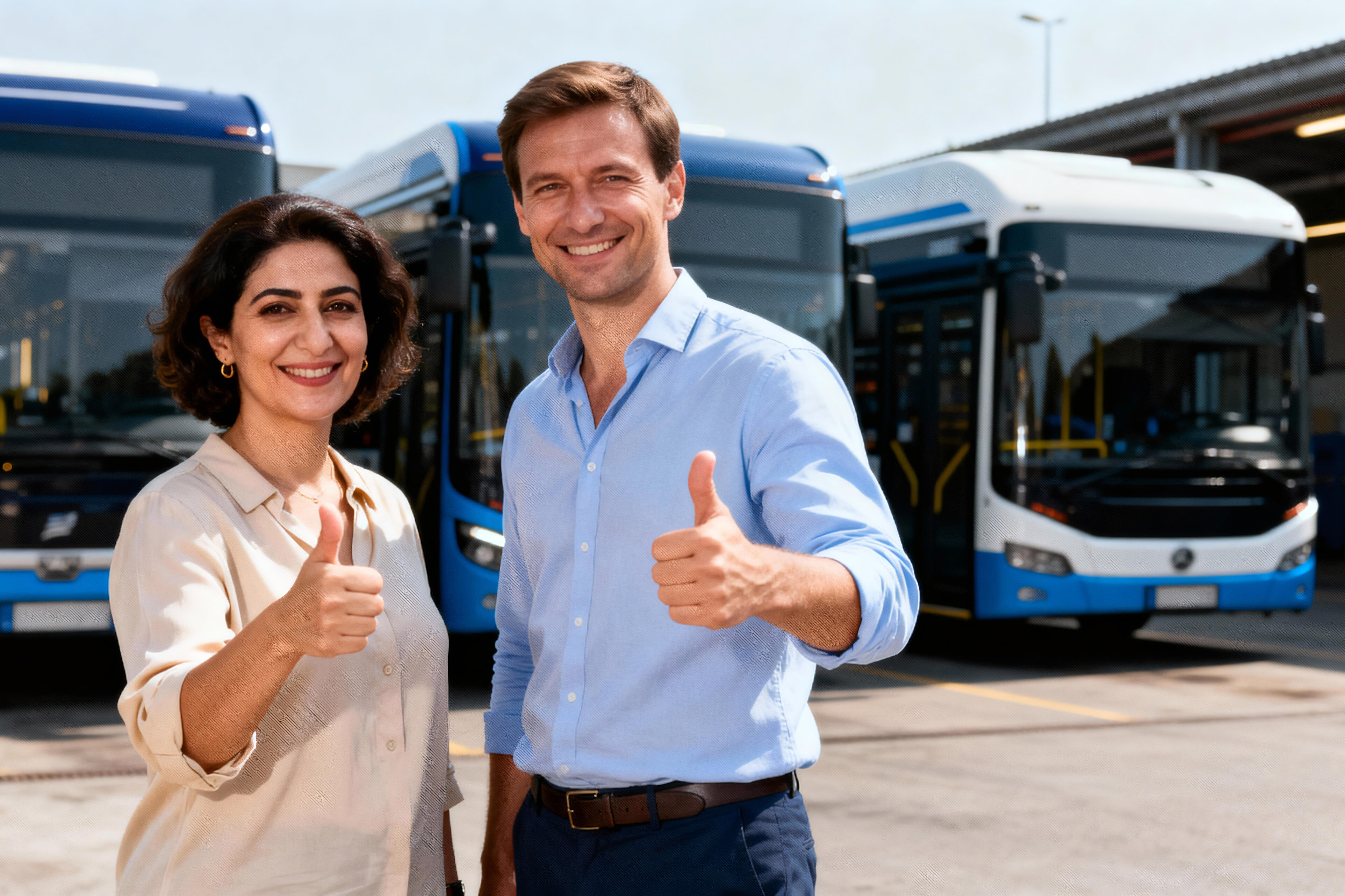 2 Personen die fröhlich sind mit Daumen hoch, stehen auf einem Betriebshof vor 3 Bussen