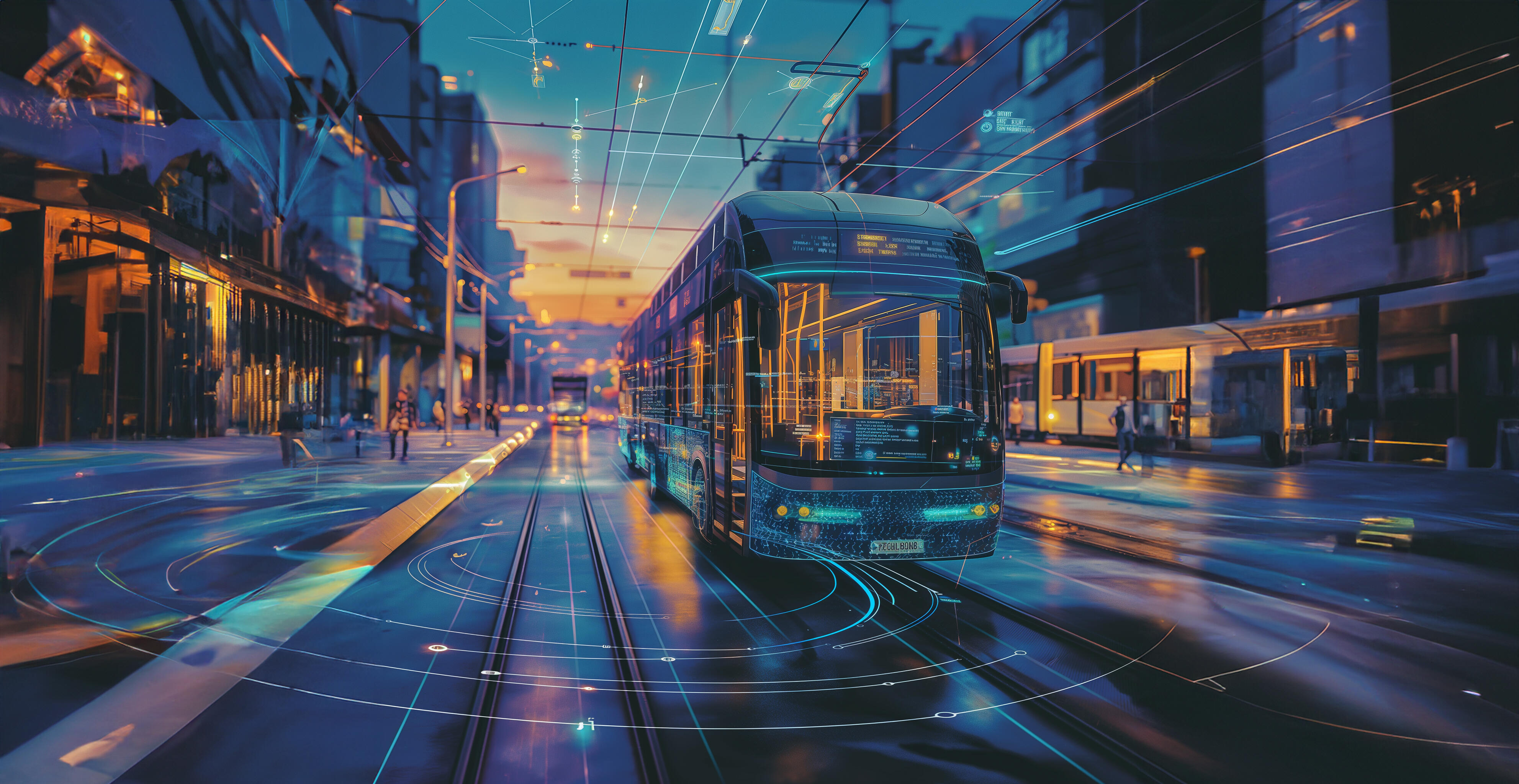 Auf dem Bild sieht man ein Bus in einem Futuristischem Umfeld.