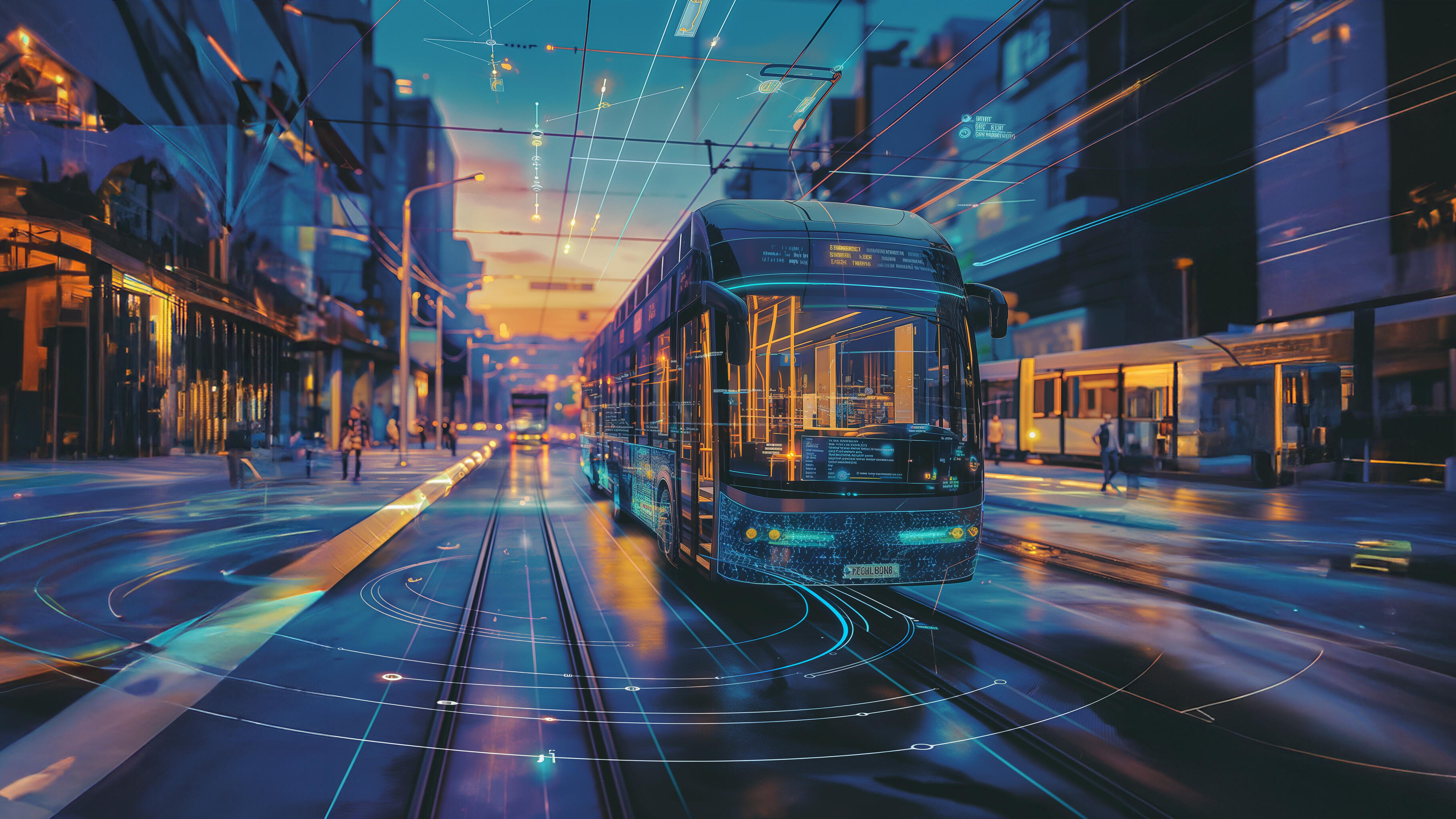 Auf dem Bild sieht man ein Bus in einem Futuristischem Umfeld.