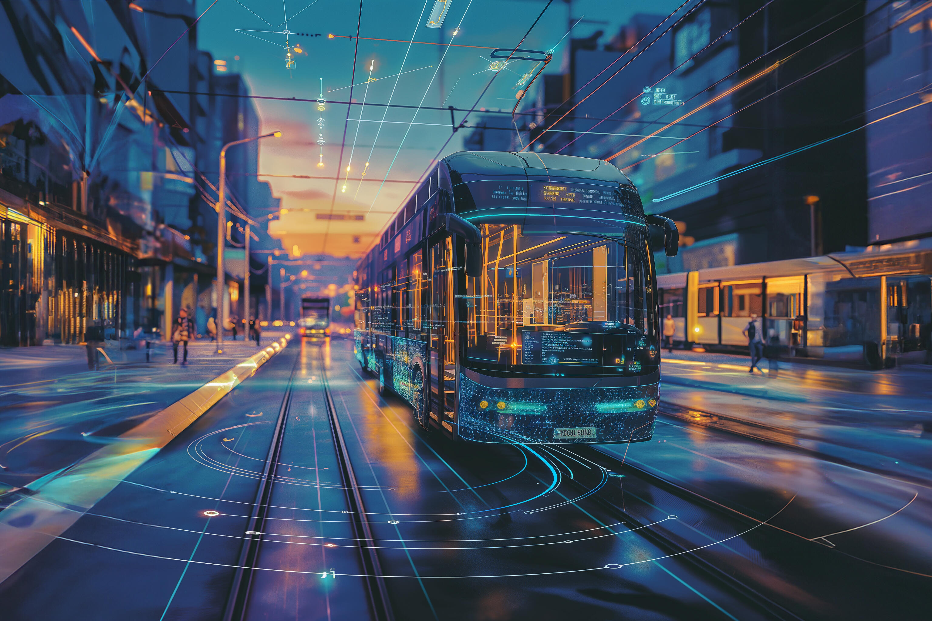 Auf dem Bild sieht man ein Bus in einem Futuristischem Umfeld.