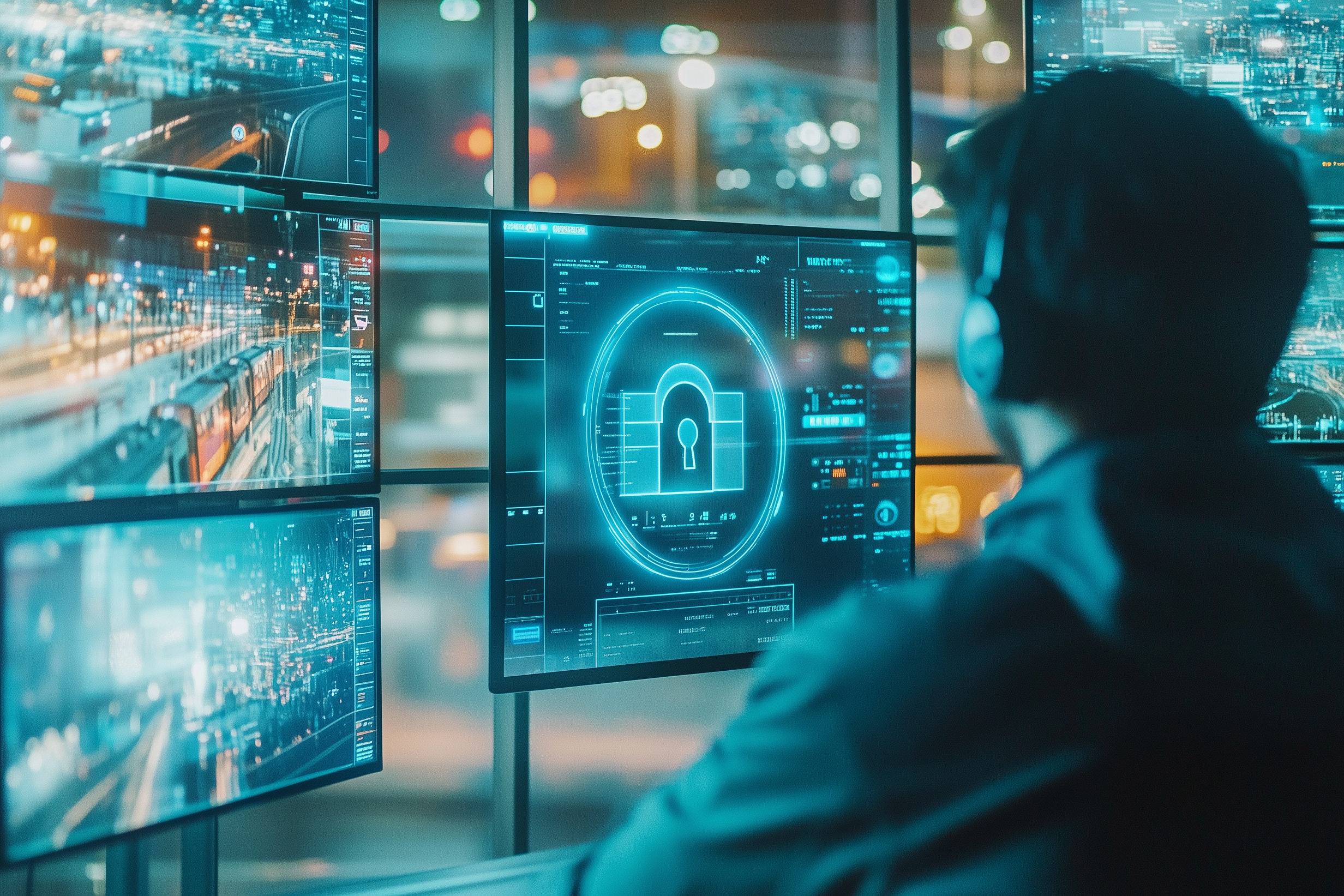 Ein Mann sitzt mit Kopfhöreren vor mehreren futuristischen Bildschirmen.
Auf dem Bildschirm in der Mitte ist ein Schloss zu erkennen.