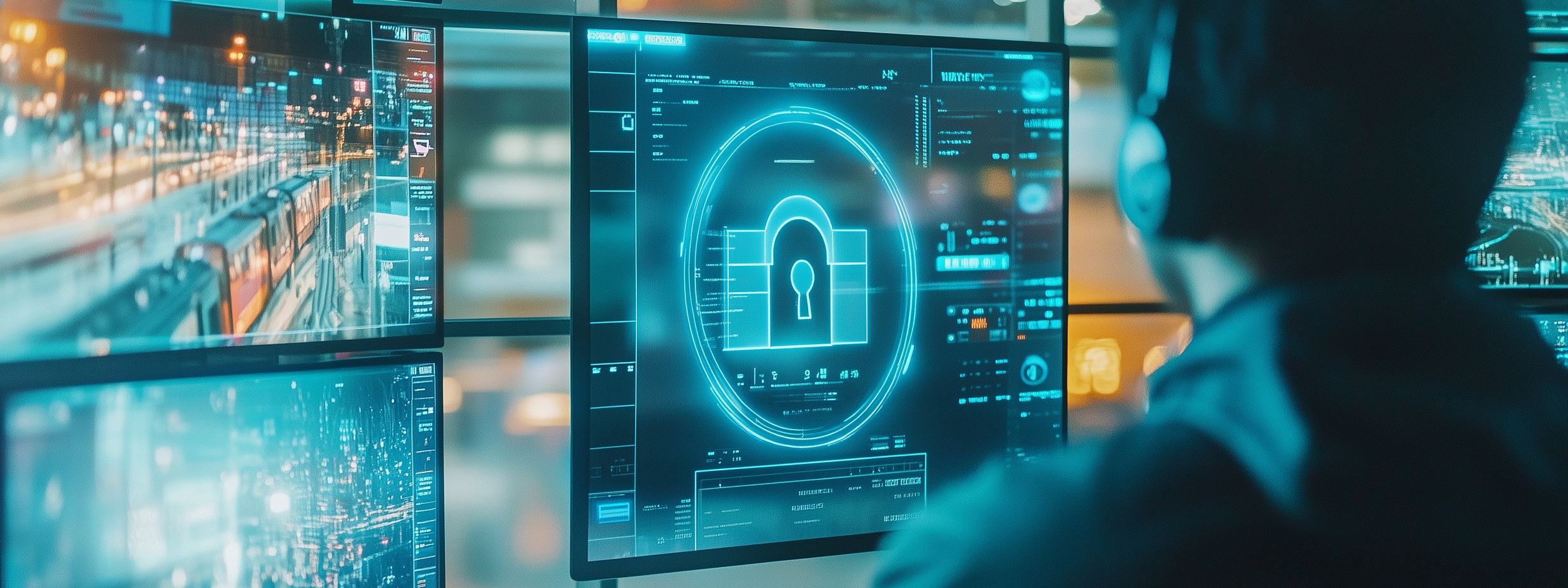 Ein Mann sitzt mit Kopfhöreren vor mehreren futuristischen Bildschirmen.
Auf dem Bildschirm in der Mitte ist ein Schloss zu erkennen.