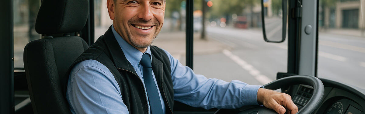 Ein Busfahrer sitzt am Steuer eines Linienbusses und lächelt in die Kamera.