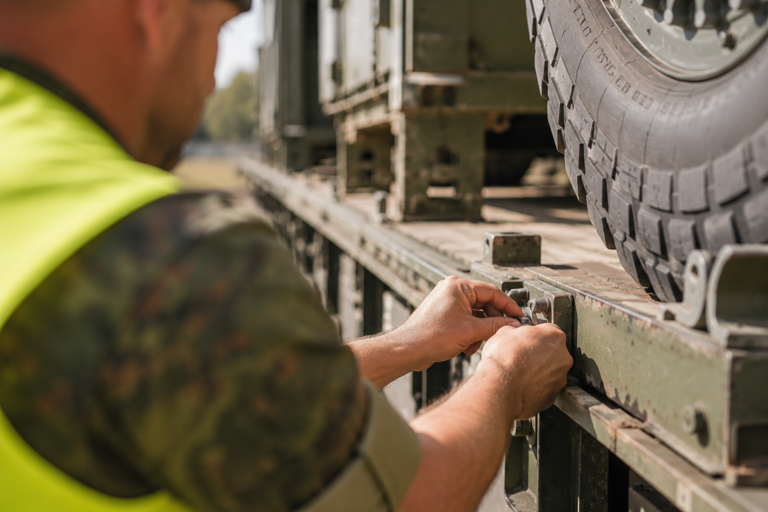 Ein Soldat mit gelber Warnweste arbeitet an einem Güterzug, auf dem ein Militärfahrzeug steht.