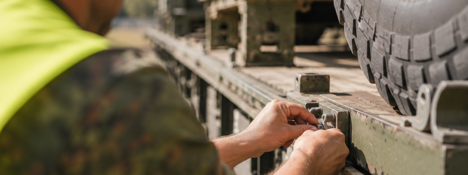Ein Soldat mit gelber Warnweste arbeitet an einem Güterzug, auf dem ein Militärfahrzeug steht.