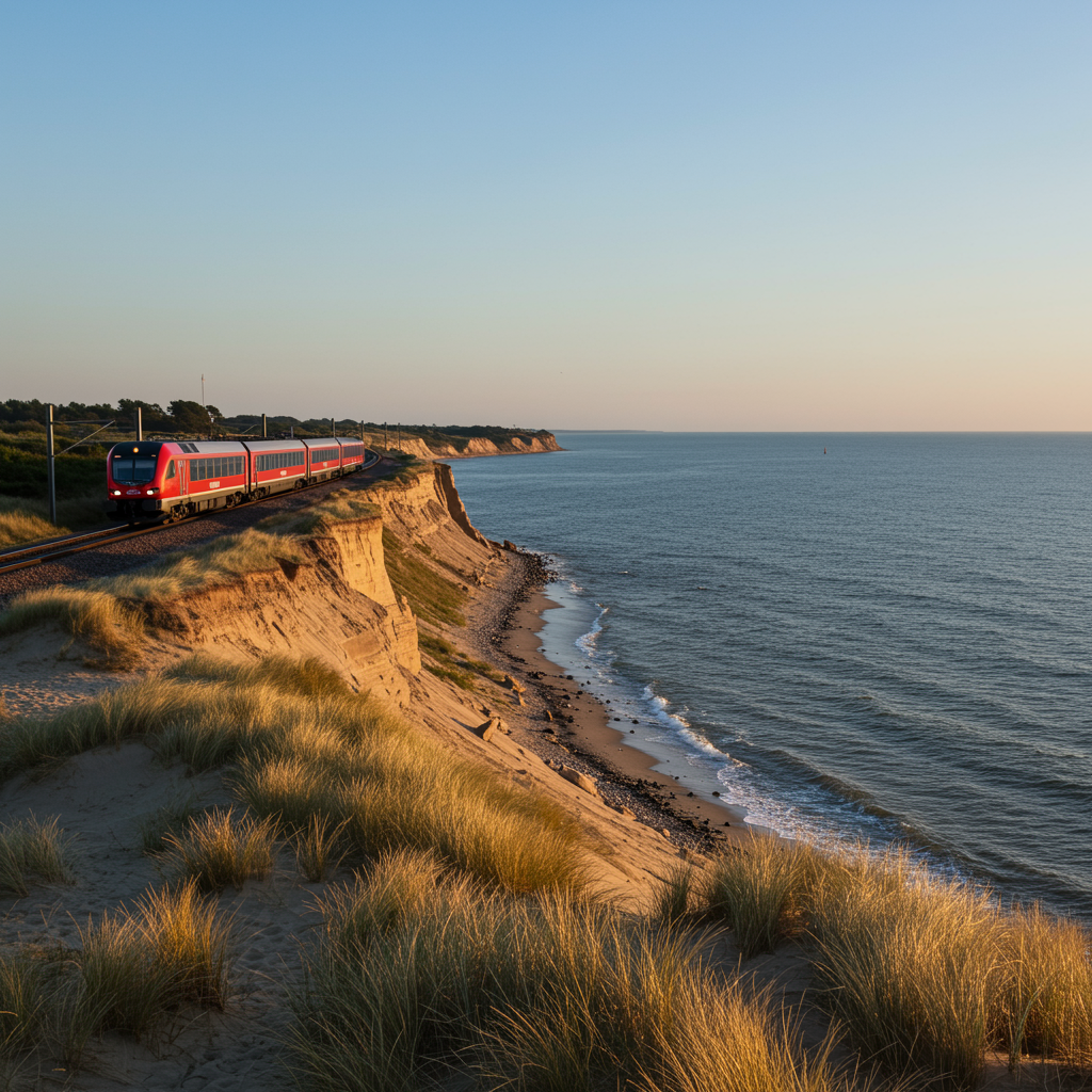 Auf dem Bild sieht man eine Eisenbahn die an einer Küsten entlangfährt
