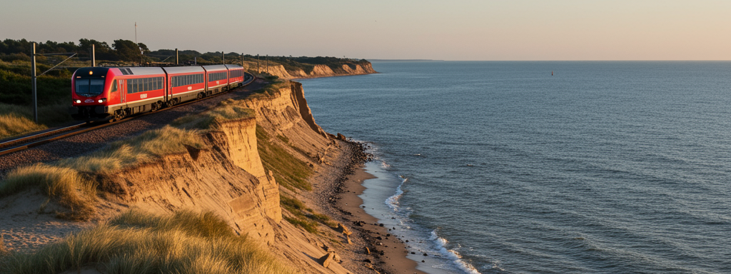 Auf dem Bild sieht man eine Eisenbahn die an einer Küsten entlangfährt