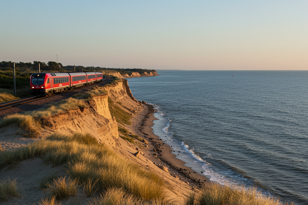 Auf dem Bild sieht man eine Eisenbahn die an einer Küsten entlangfährt