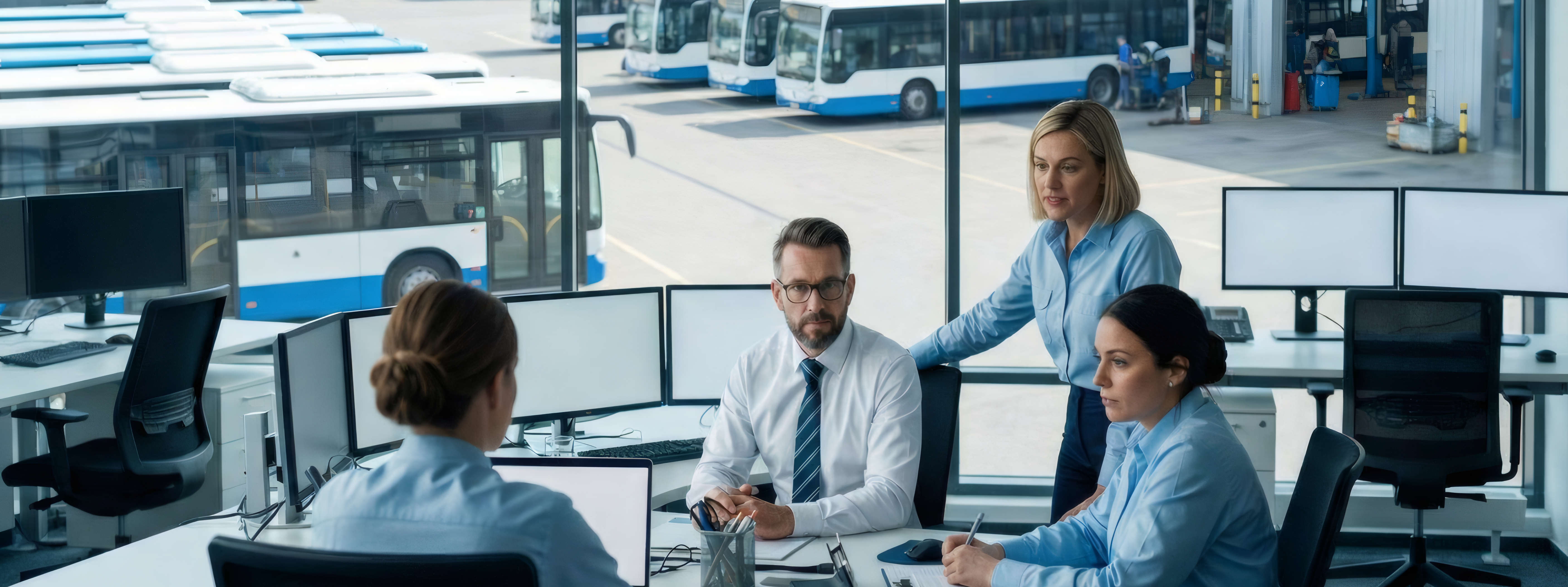 Eine Gruppe von Kolleginnen und Kollegen sitzt um einen Schreibtisch herum, im Hintergrund sind Busse erkennbar.