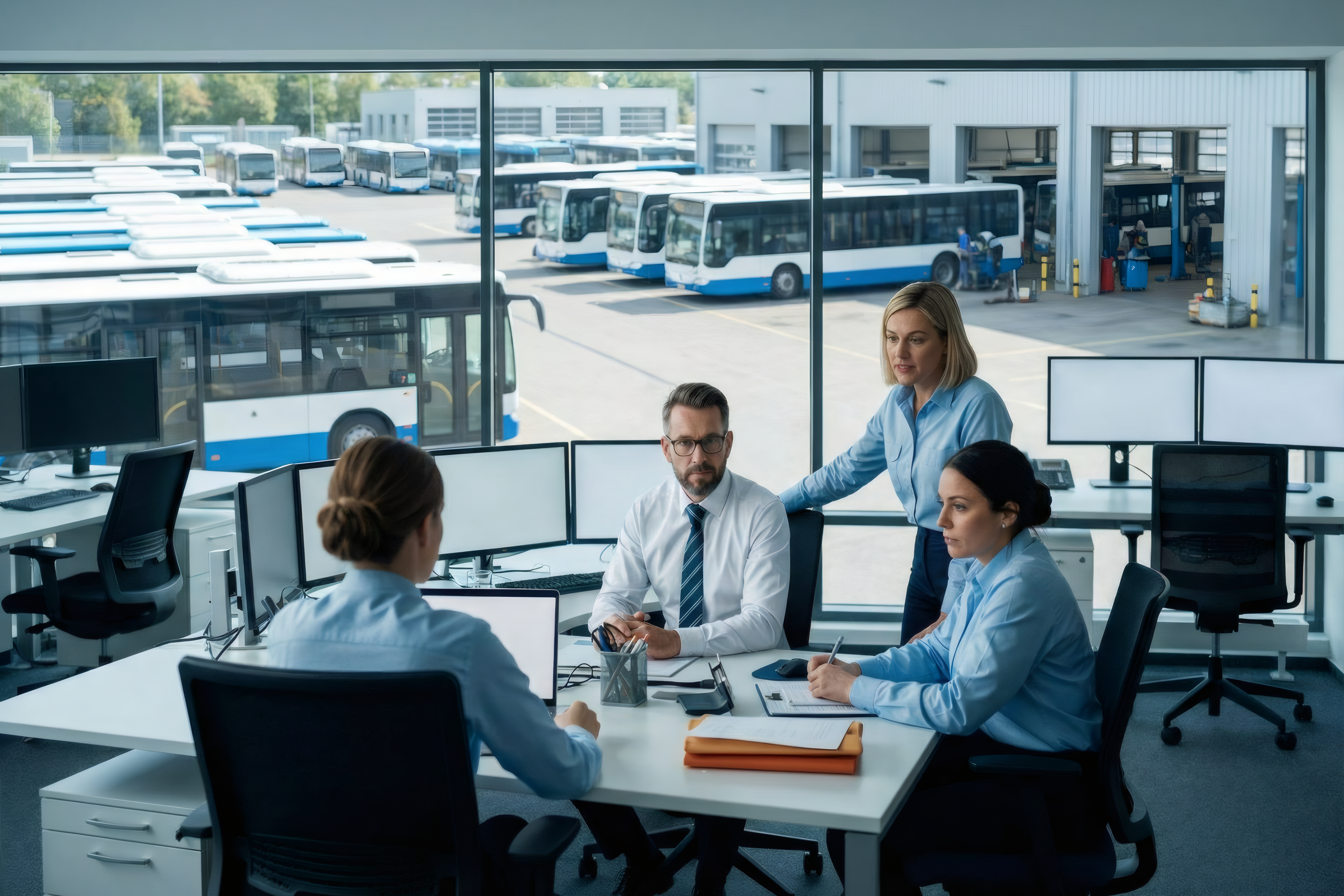 Eine Gruppe von Kolleginnen und Kollegen sitzt um einen Schreibtisch herum, im Hintergrund sind Busse erkennbar.