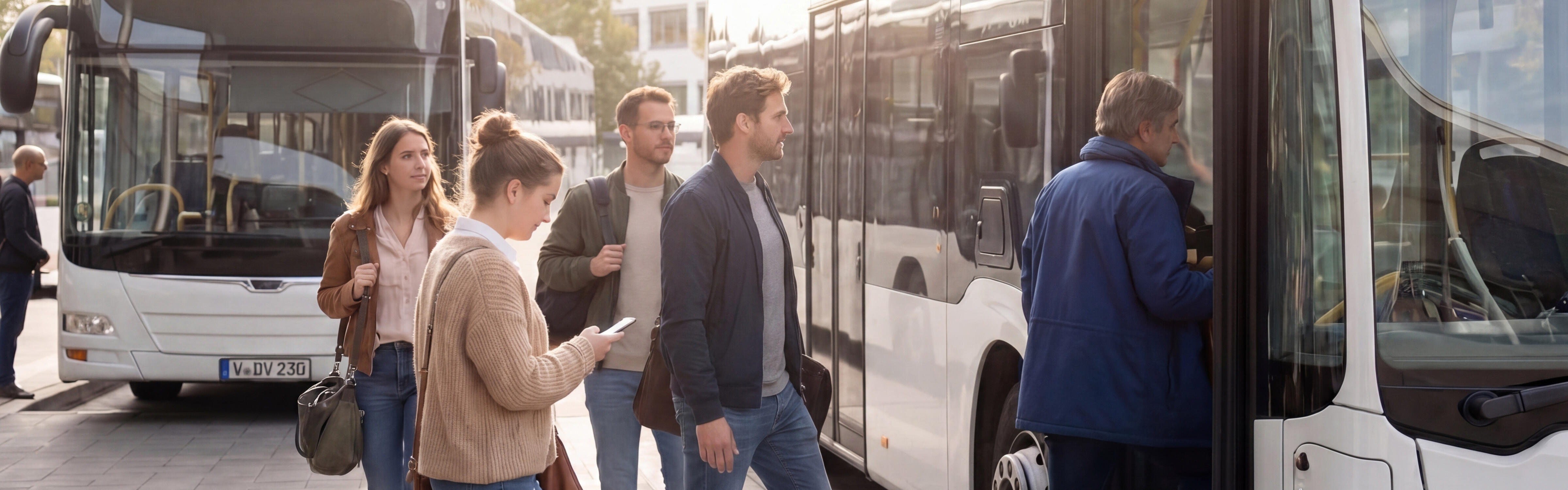 Fahrgäste steigen in einen Linienbus ein.