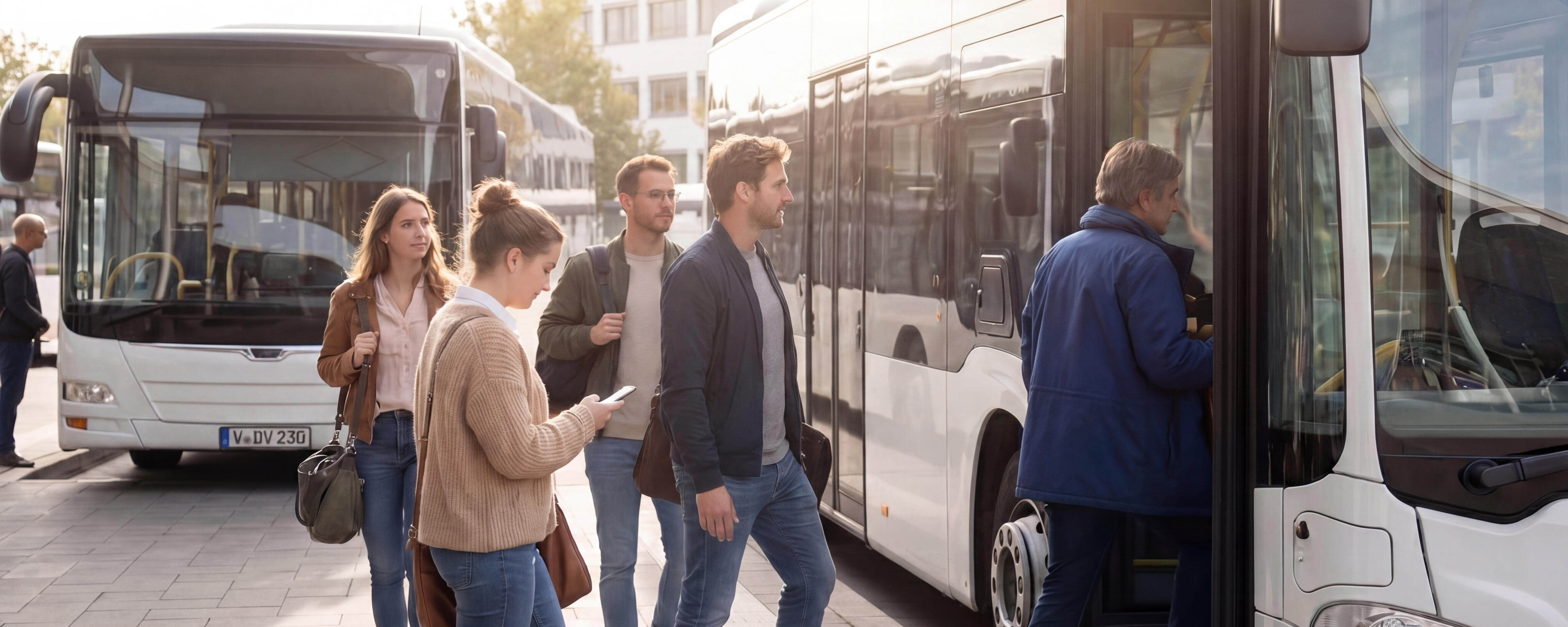 Fahrgäste steigen in einen Linienbus ein.