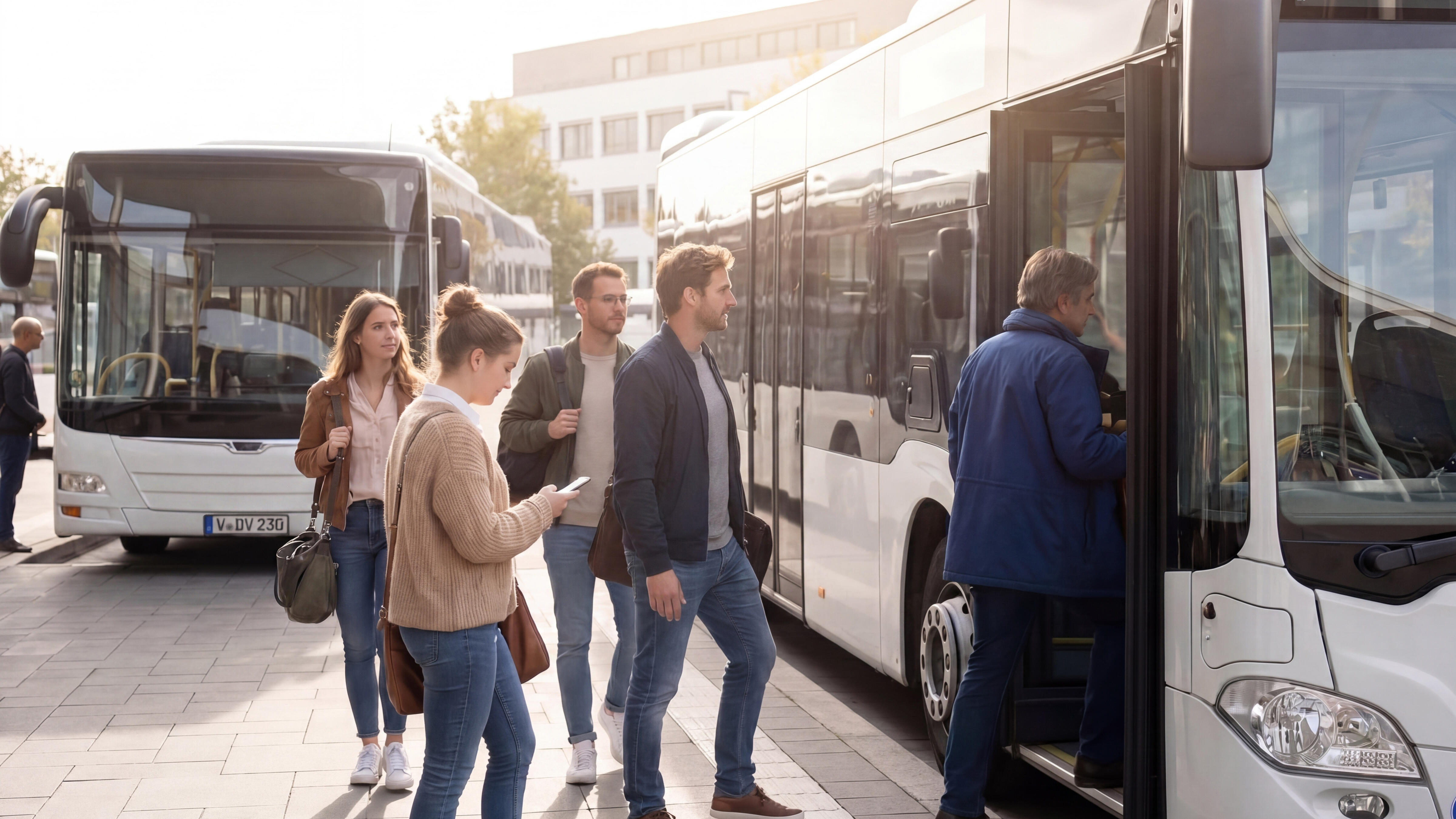 Fahrgäste steigen in einen Linienbus ein.