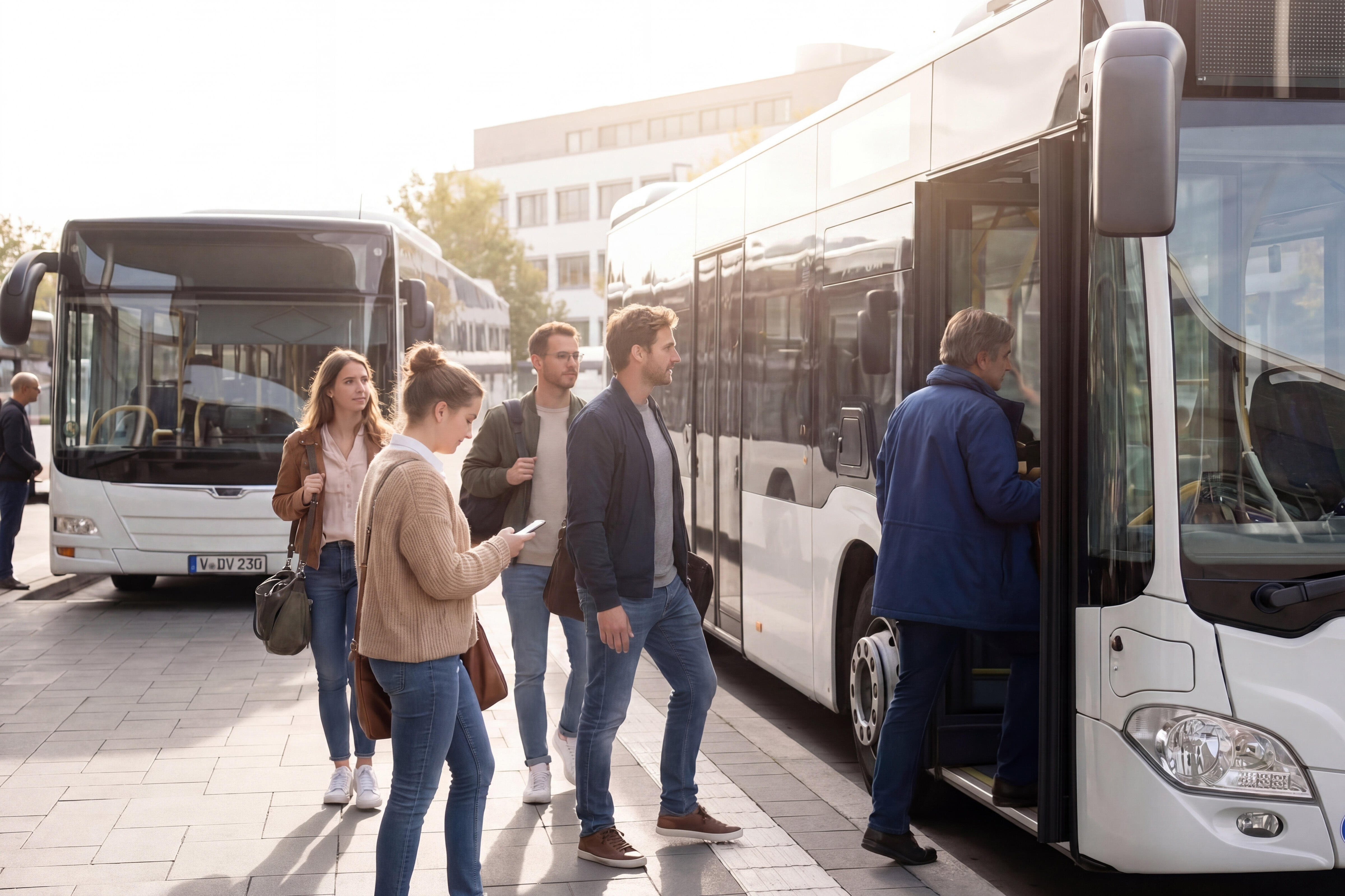 Fahrgäste steigen in einen Linienbus ein.