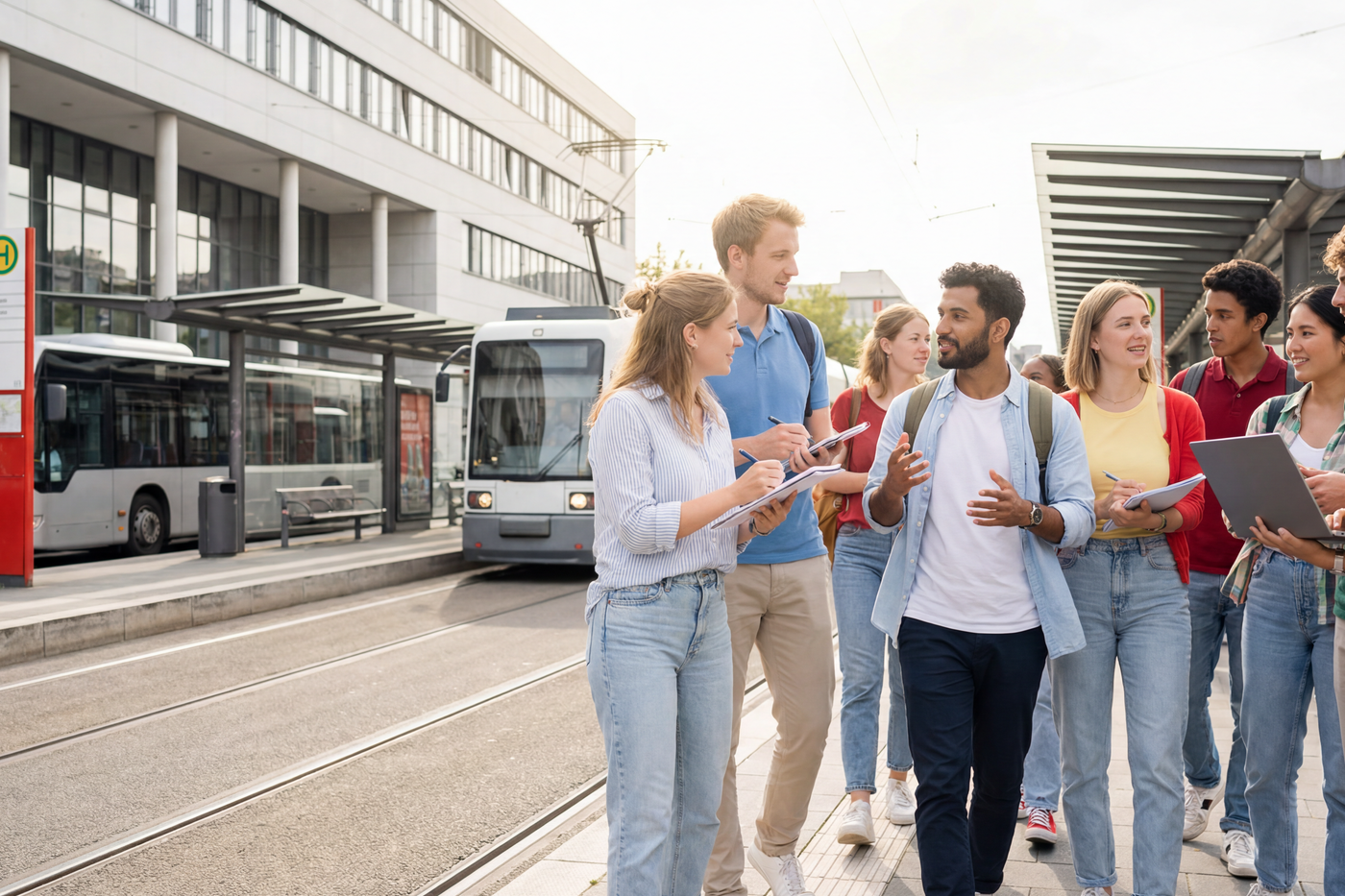 Eine Gruppe junger Menschen mit Blöcken und Notebooks steht diskutierend an einer Haltestelle.