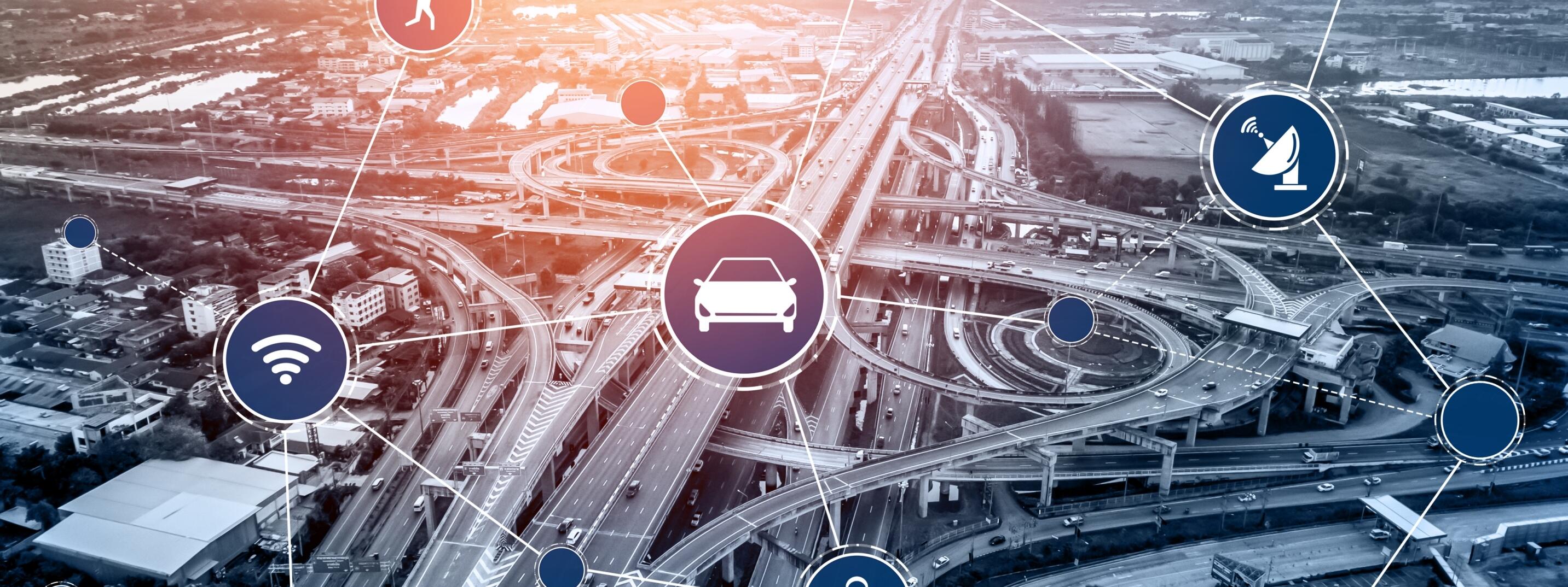 Smart transport technology concept for future car traffic on road . Virtual intelligent system makes digital information analysis to connect data of vehicle on city street . Futuristic innovation .