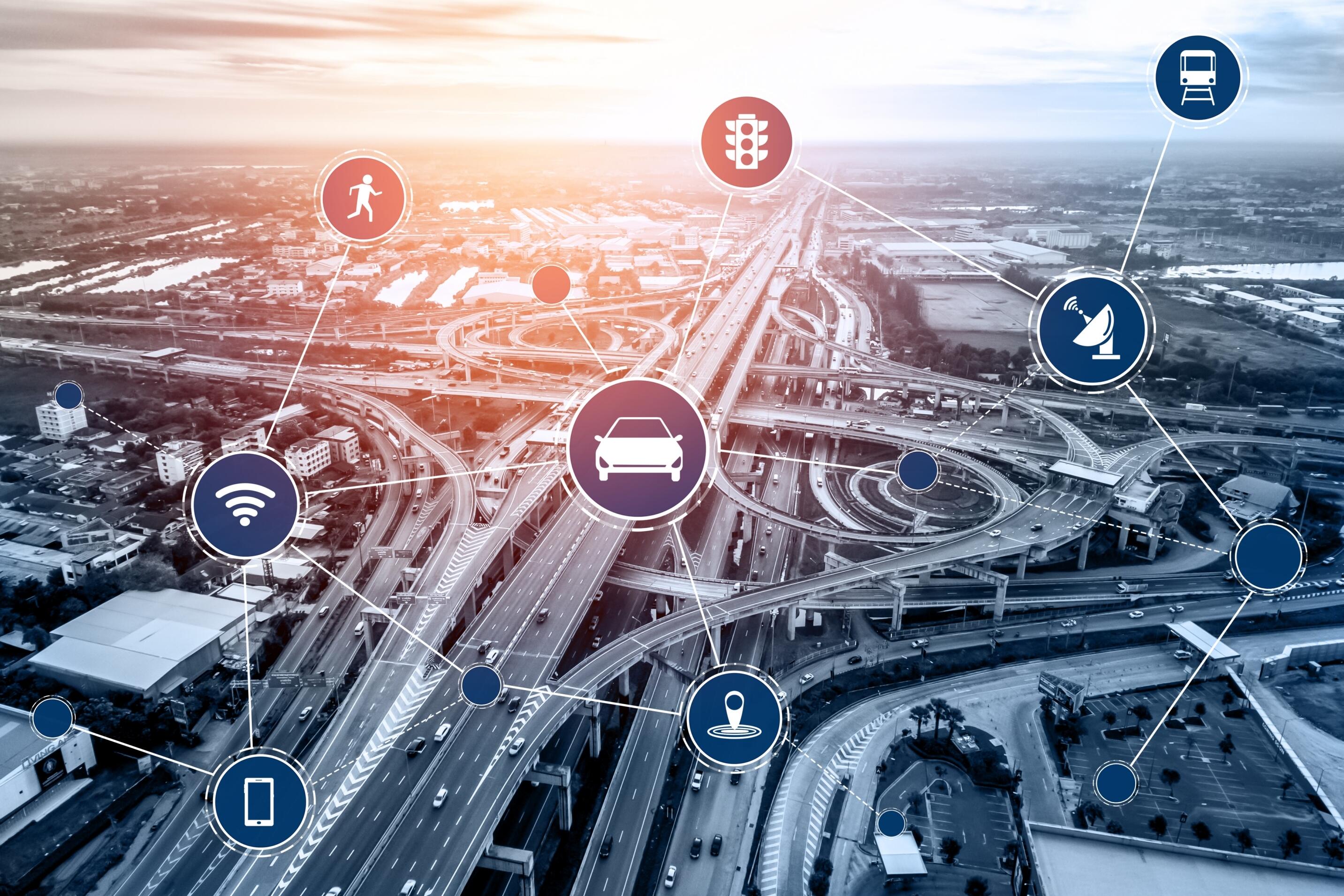 Smart transport technology concept for future car traffic on road . Virtual intelligent system makes digital information analysis to connect data of vehicle on city street . Futuristic innovation .
