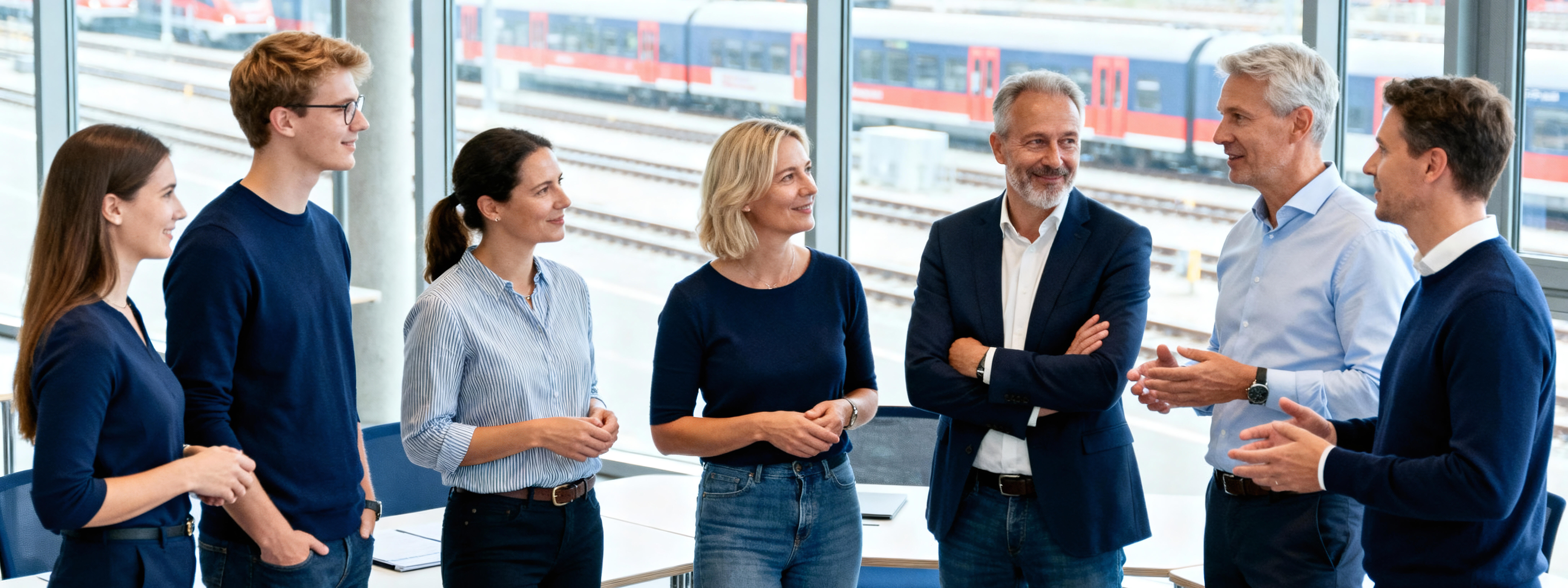 Eine Gruppe von Frauen und Männern in Businesskleidung diskutieren in einem Besprechungsraum, im Hintergrund sind Züge zu erkennen.