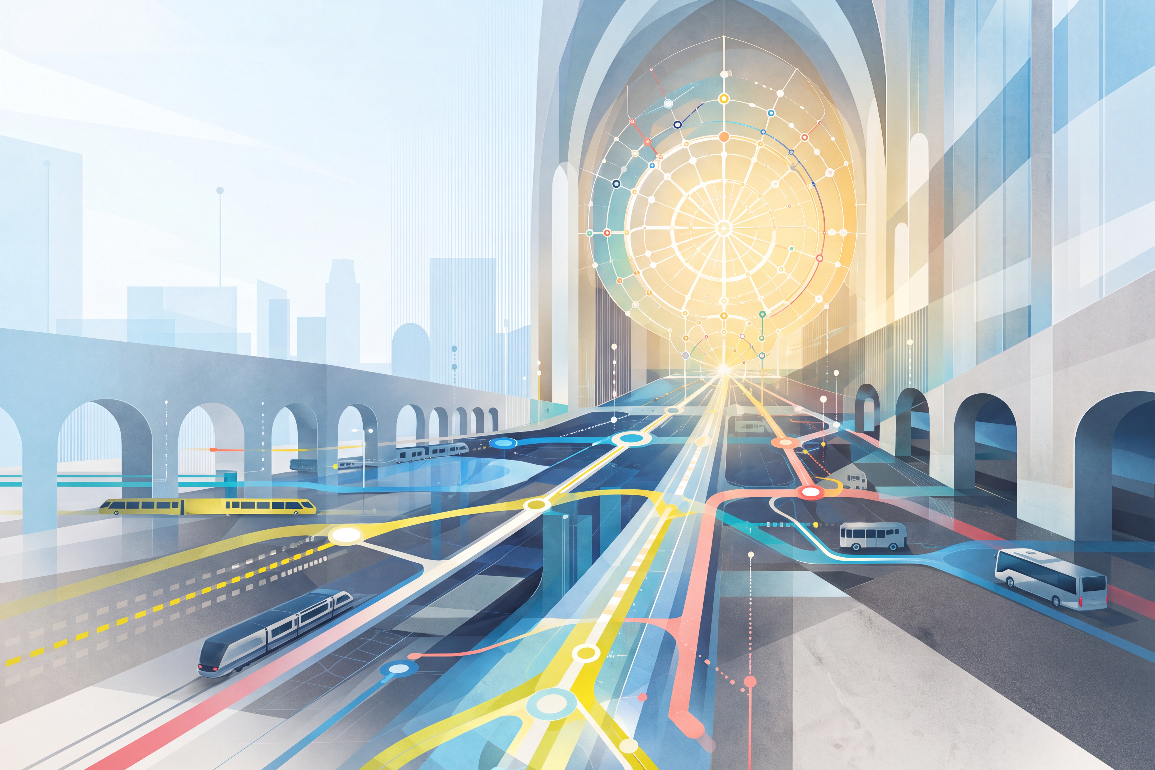 ÖPNV-Netzlinien führen in der Silouhette einer Kirche zusammen.