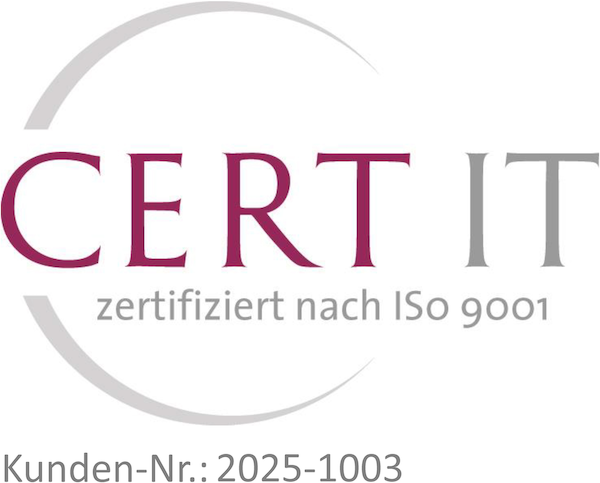 Von CERT IT zertifiziert nach ISO 9001. Kundennummer 2025-1003